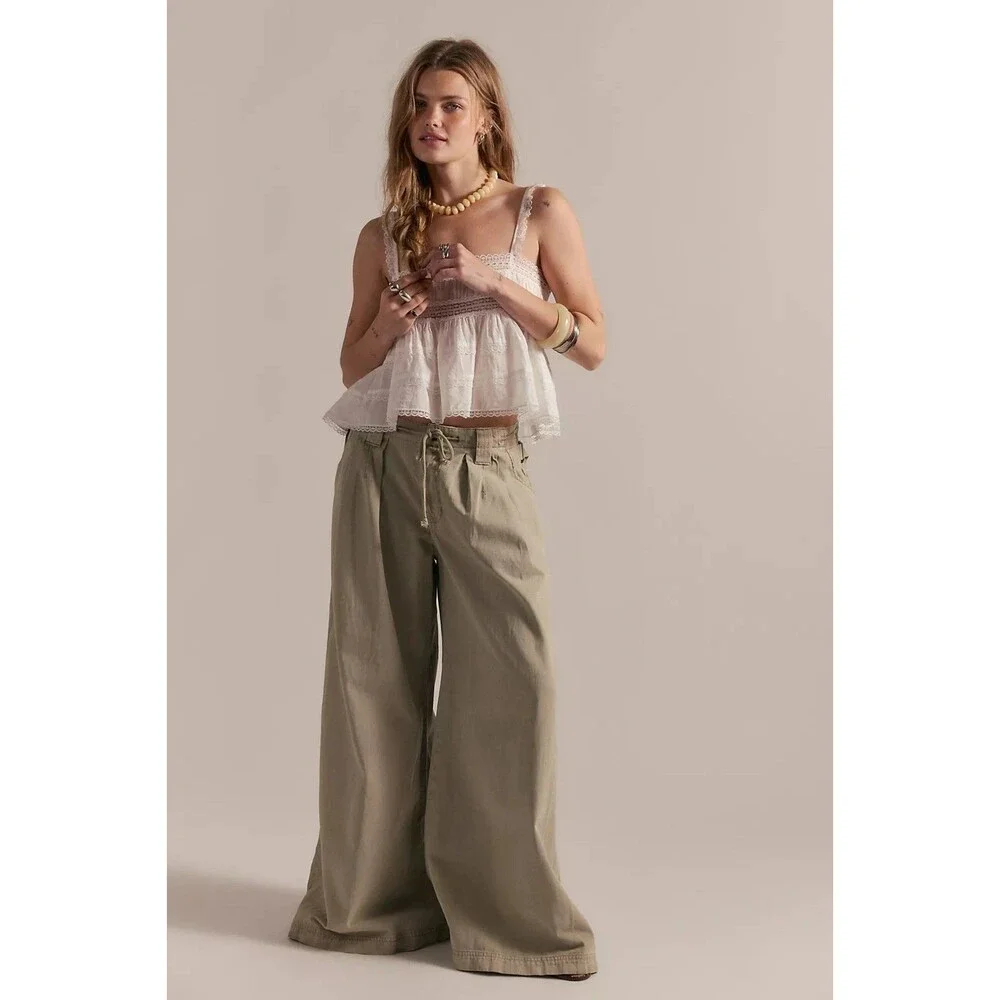 Free People Julien Wide-Leg Chino Trouser Pants Wide-Leg Cotton Zip XS 288477